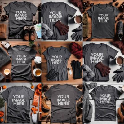 Charcoal grey t-shirt mockup with winter flat lay, boots, gloves, and travel map