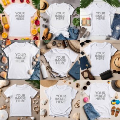 Summer flat lay white t-shirt mockup with beach and travel accessories