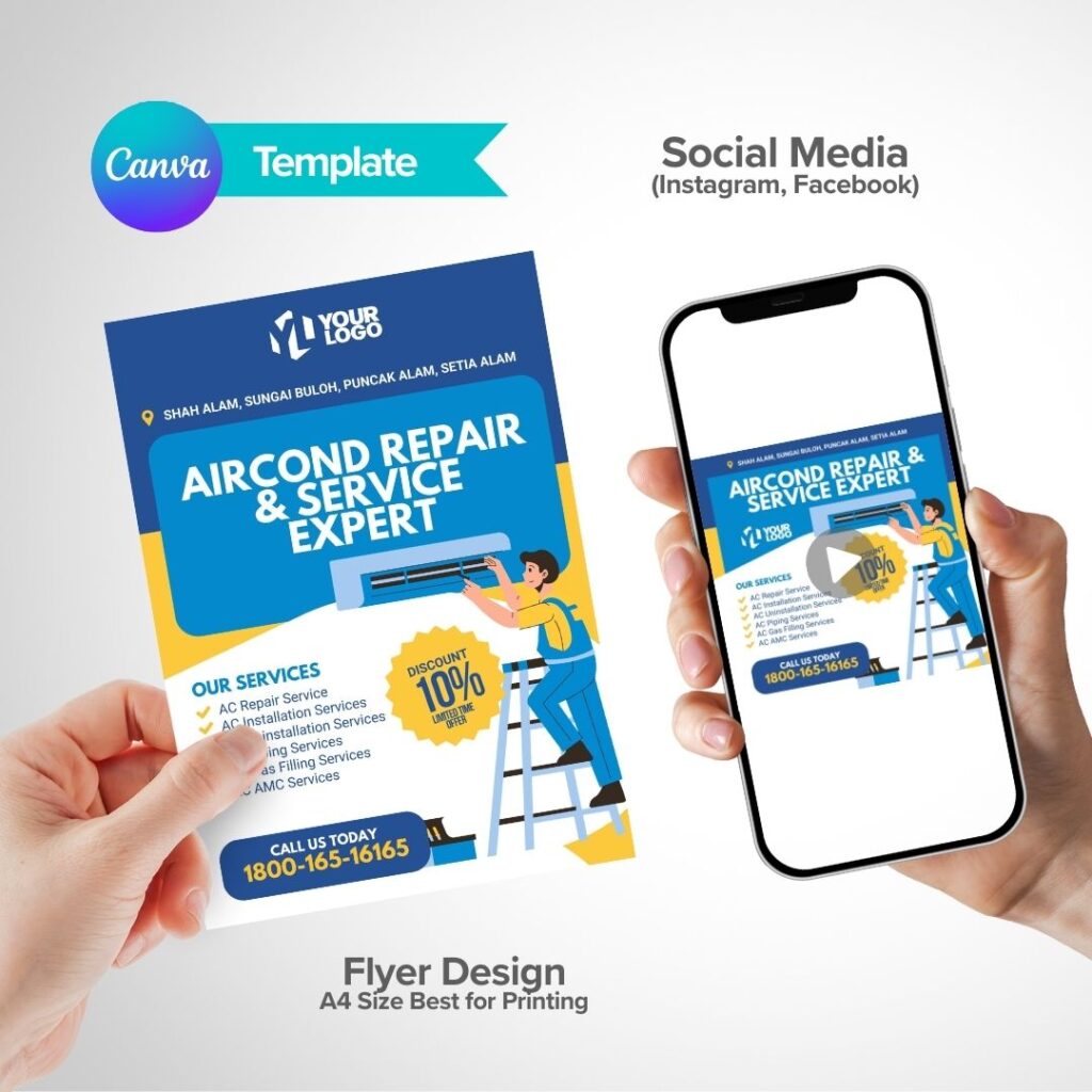 Canva flyer mockup for aircond repair services preview on phone and print