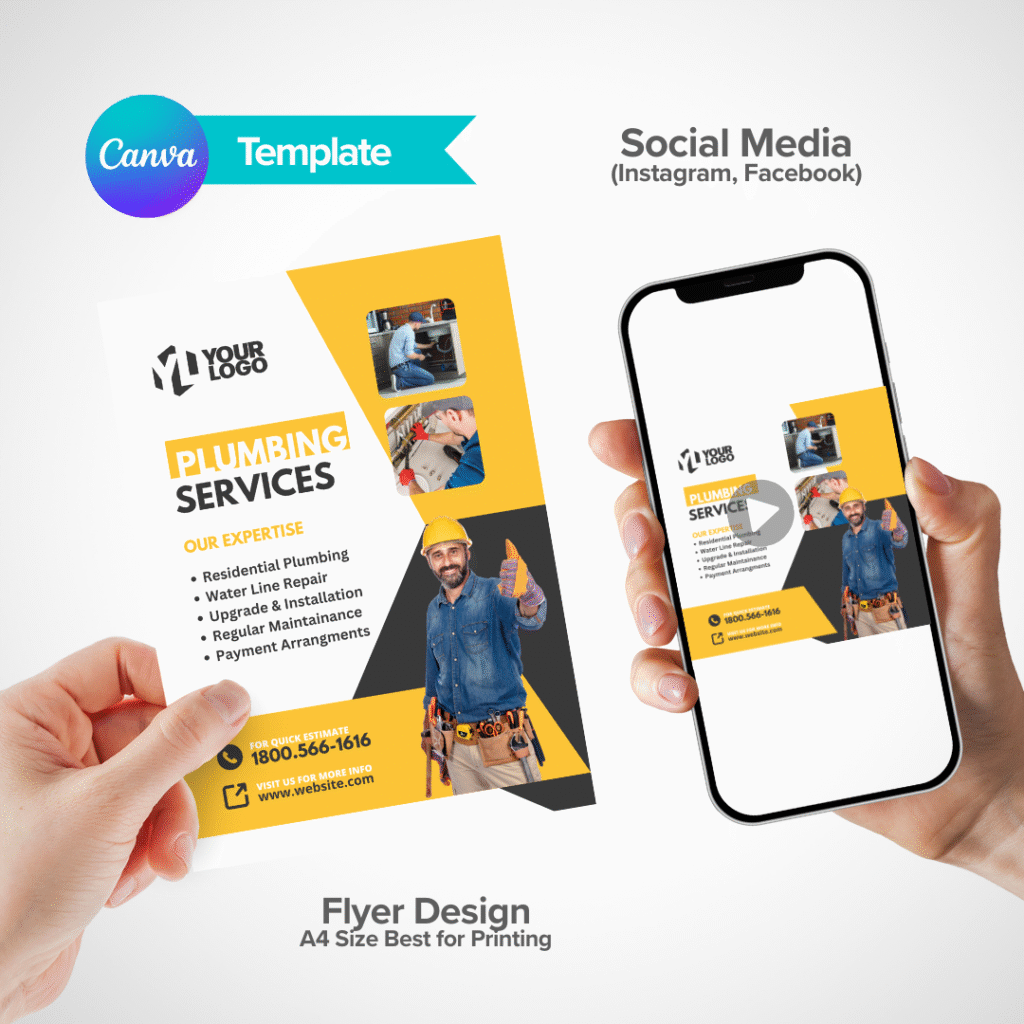 Hand holding plumbing services flyer mockup beside smartphone display