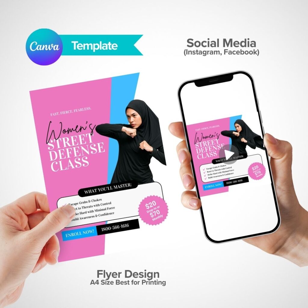 Hand holding women’s self defense flyer and phone mockup for social media preview