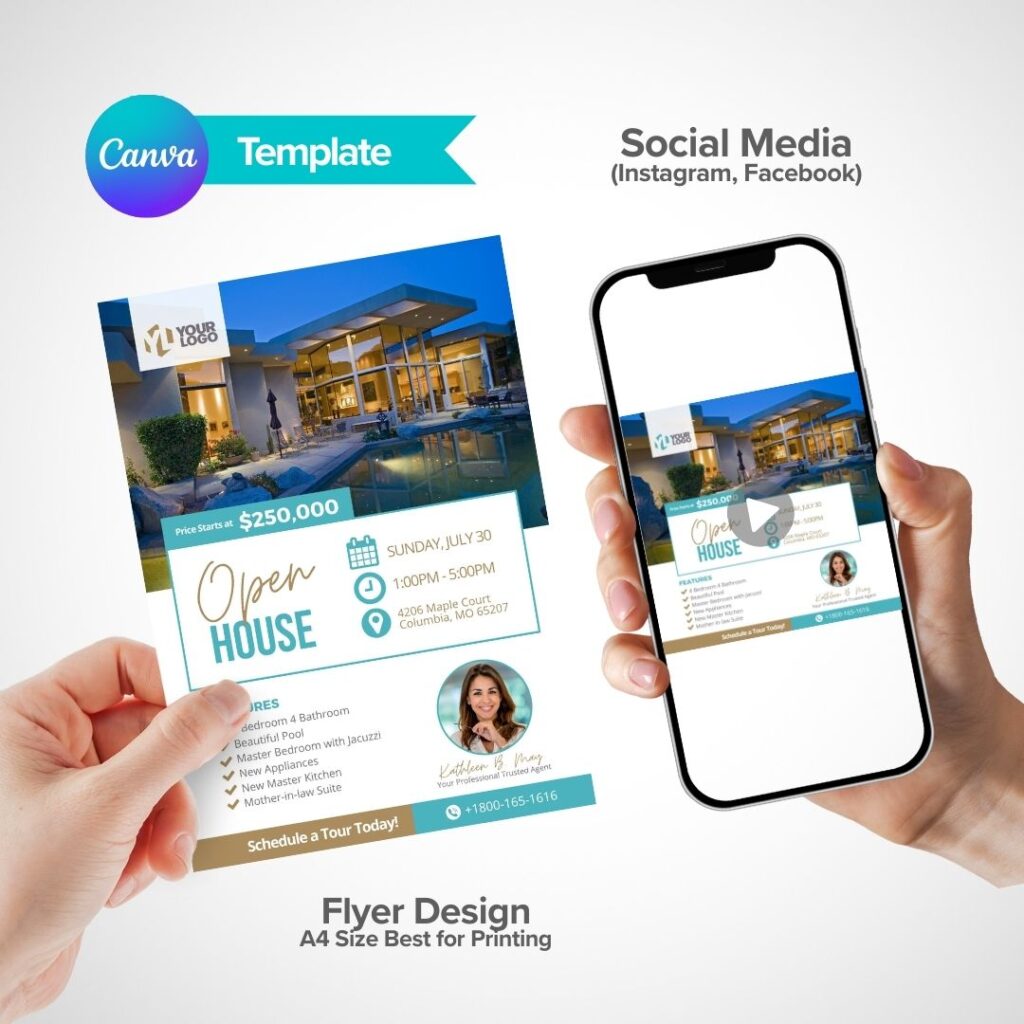 Canva flyer real estate open house template mockup for social media and print preview
