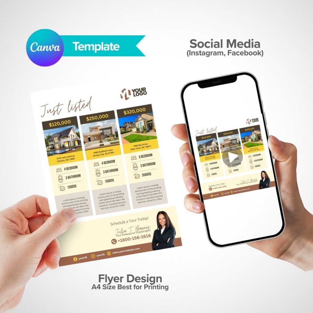 Canva flyer real estate template mockup for social media and print preview