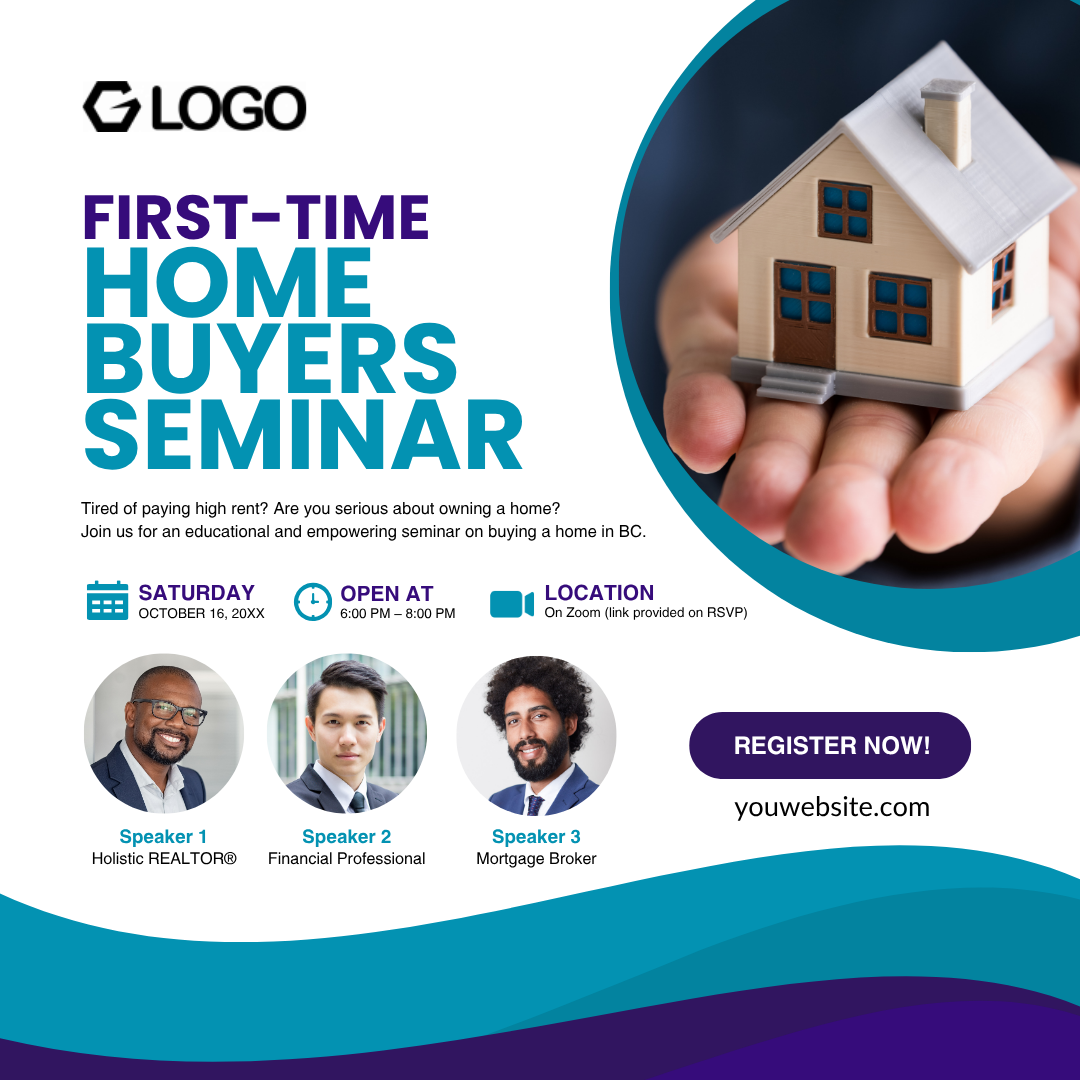 Real estate flyer promoting first-time home buyers seminar with house model in hands and professional speakers