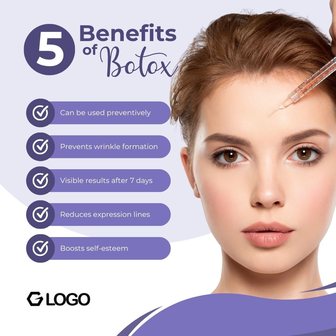Beauty flyer showing woman with clean skin promoting five benefits of Botox treatment