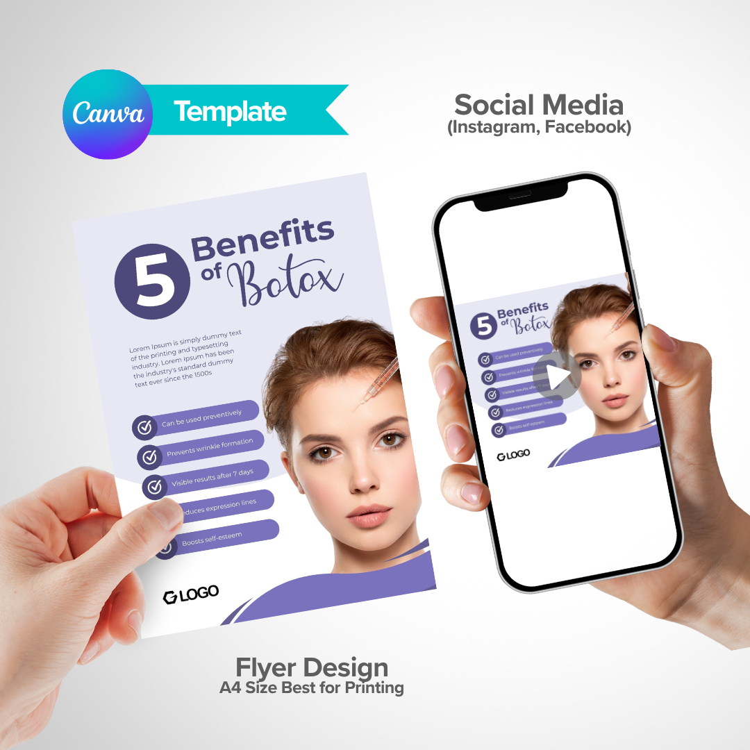 Canva template preview showing 5 Benefits of Botox flyer on phone and printed mockup