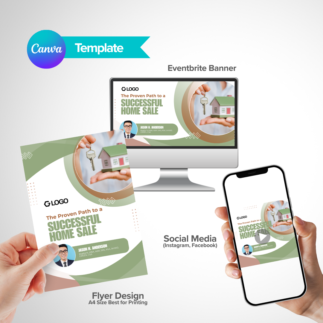 Canva template preview showing successful home sale flyer on computer, phone, and print mockups