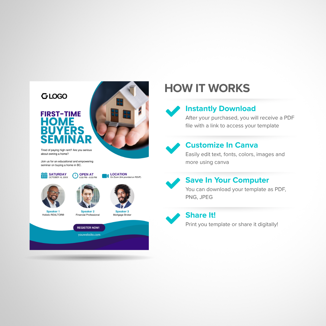 Home buyers seminar flyer template with Canva customization steps and instant download instructions