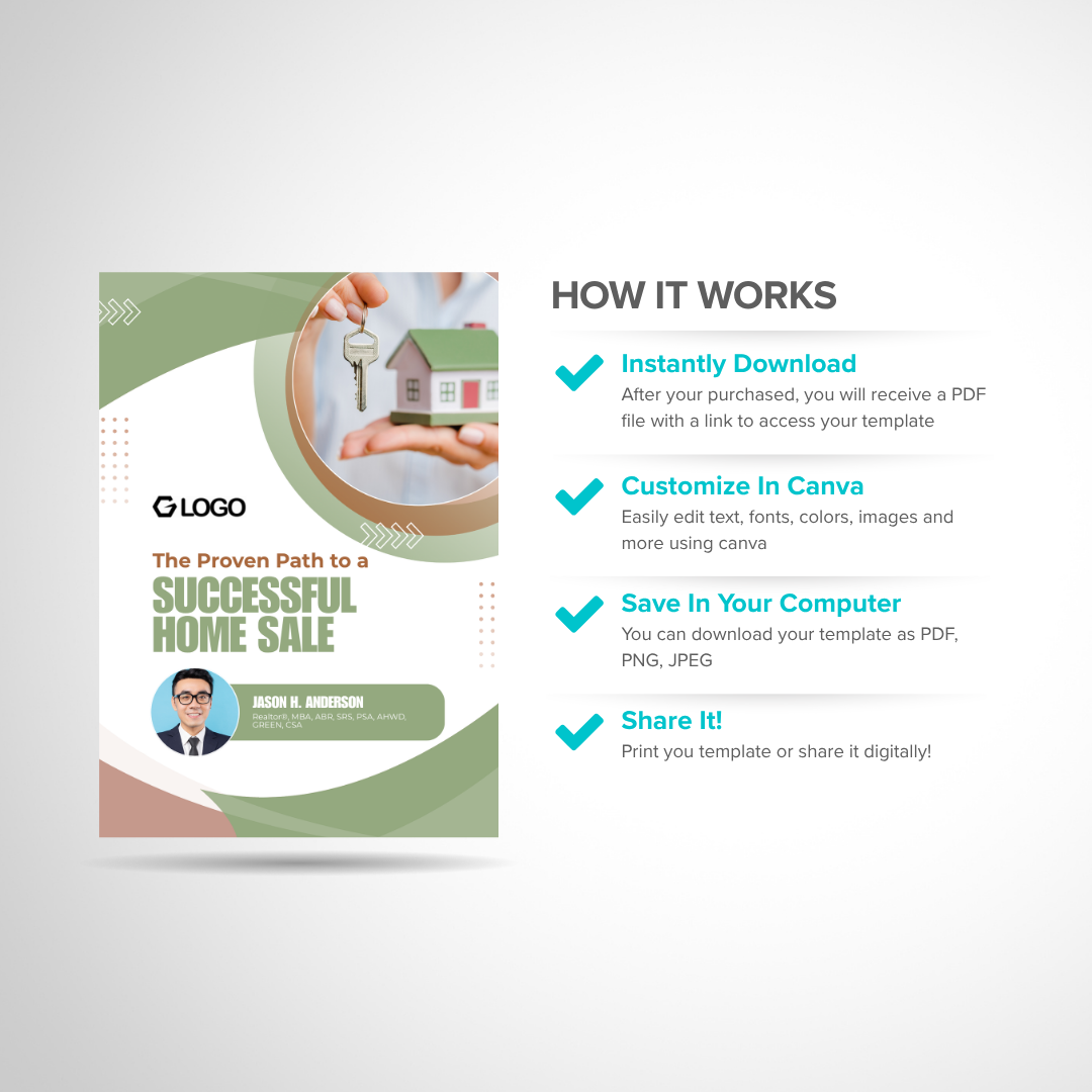 Canva flyer showing successful home sale design with customization guide