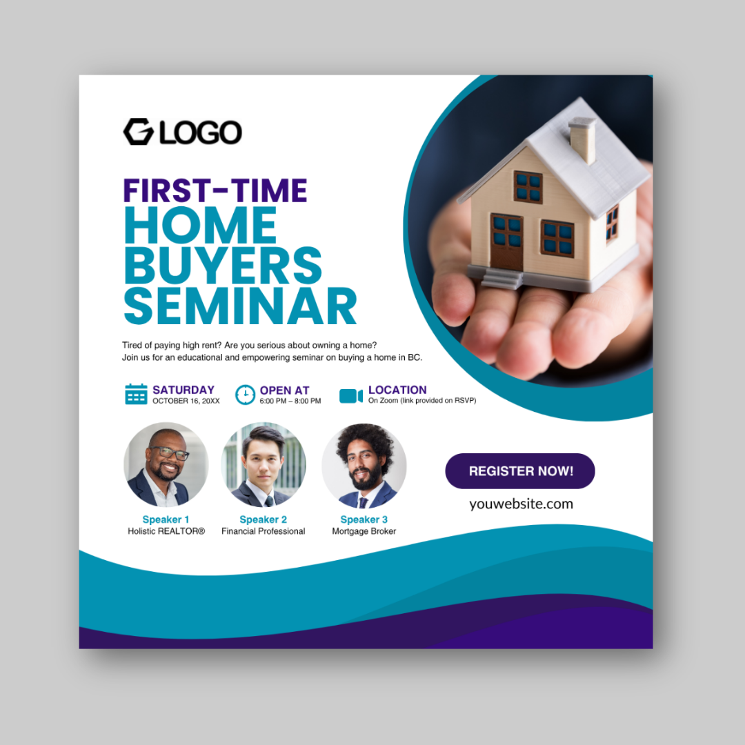Square flyer design promoting home buyers seminar with blue and purple wave layout