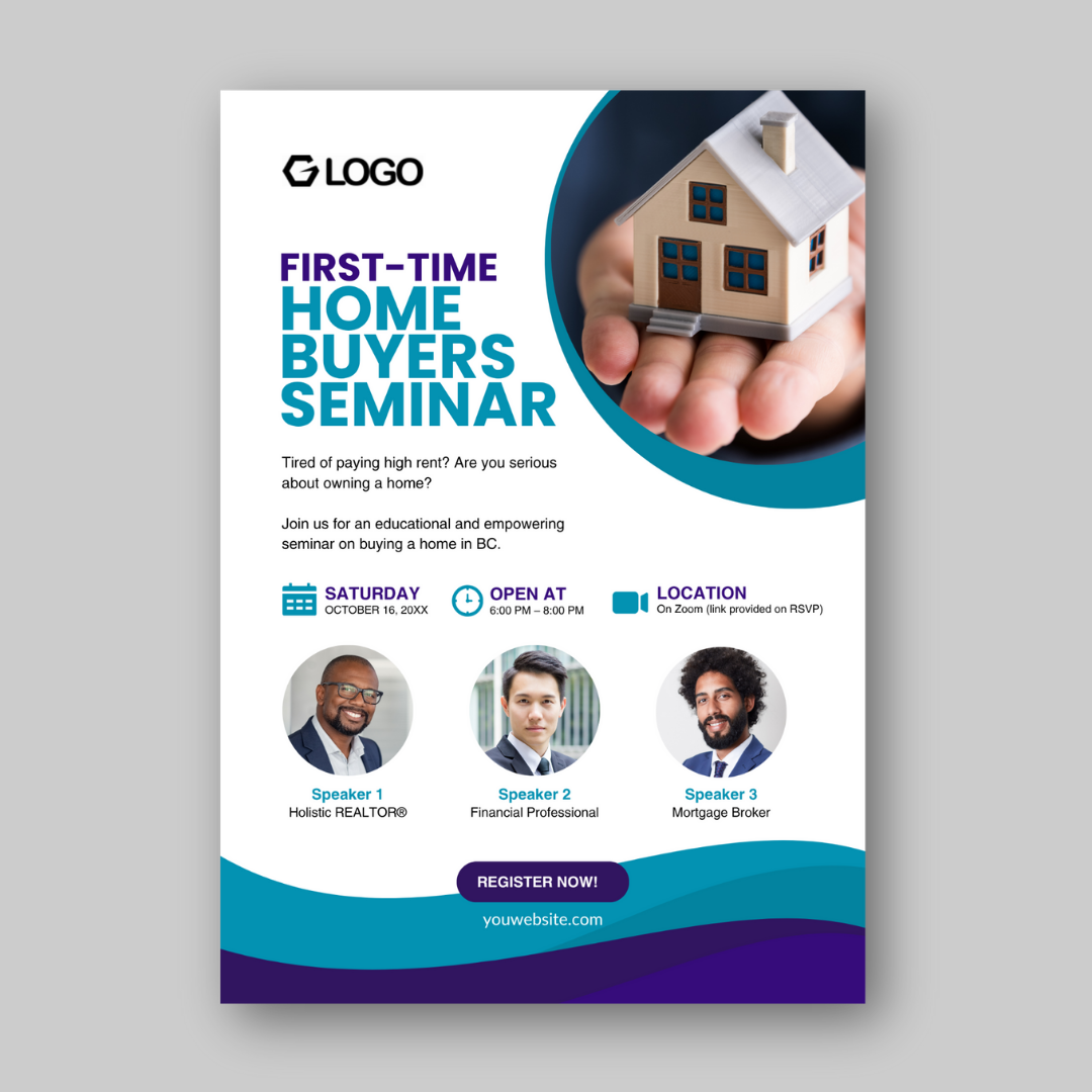 Vertical flyer for home buyers seminar with house model and speaker section