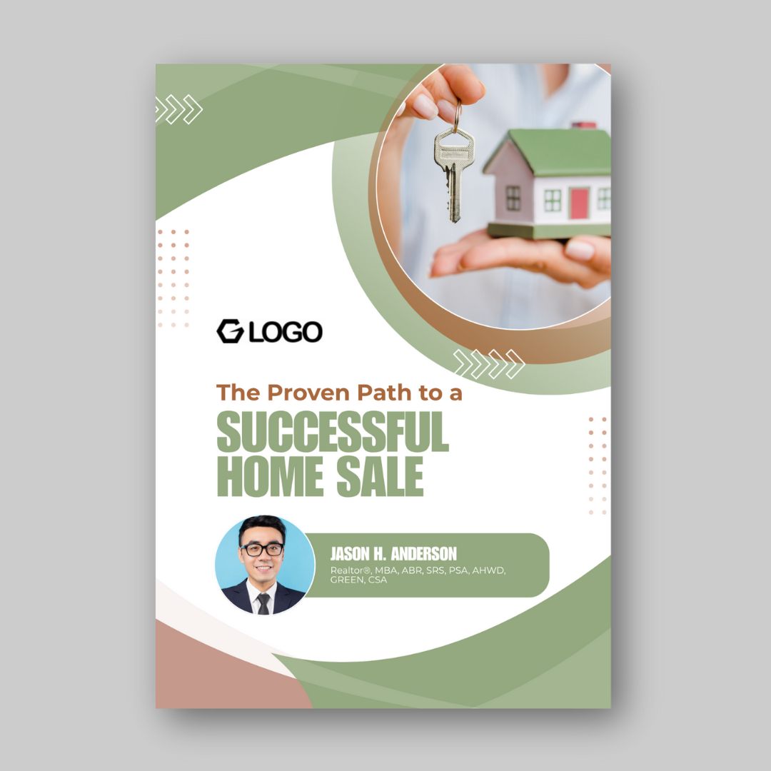 Vertical flyer featuring successful home sale theme with realtor portrait and soft color design