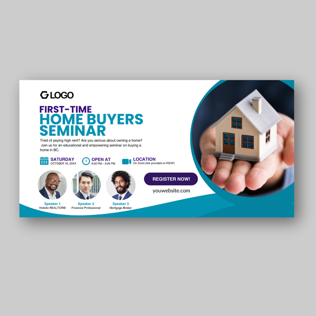 Horizontal real estate seminar banner promoting home buyers event with clean white and blue layout