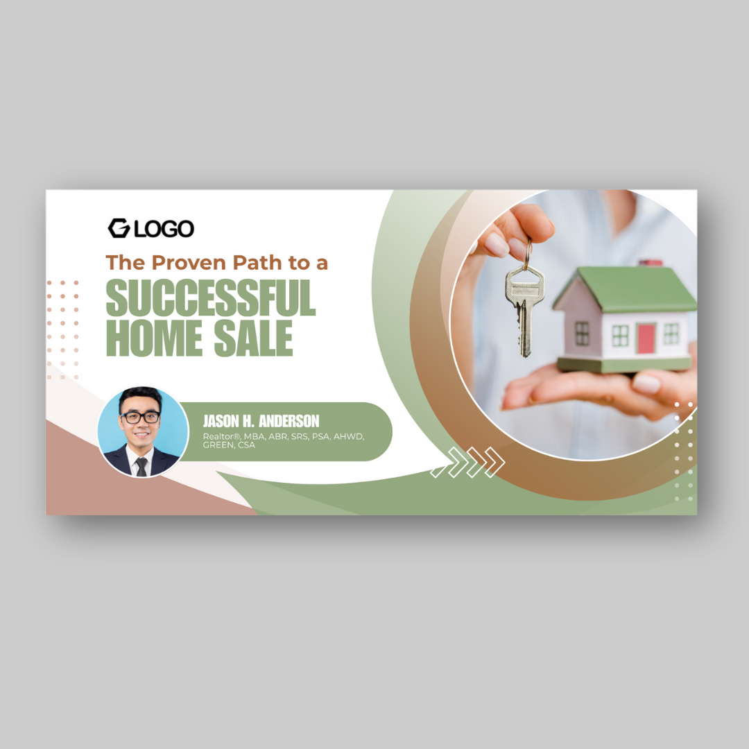 Horizontal banner design for real estate home sale promotion with key visual and realtor info