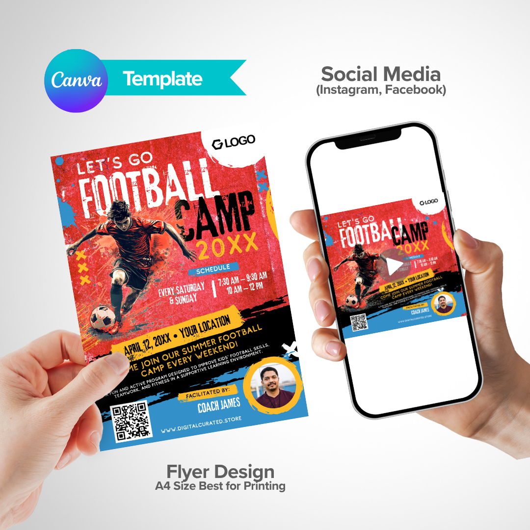 Canva flyer and mobile mockup showing football camp template for coach promotions