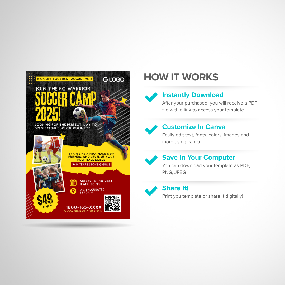 Modern yellow and black soccer camp flyer with player image and event details